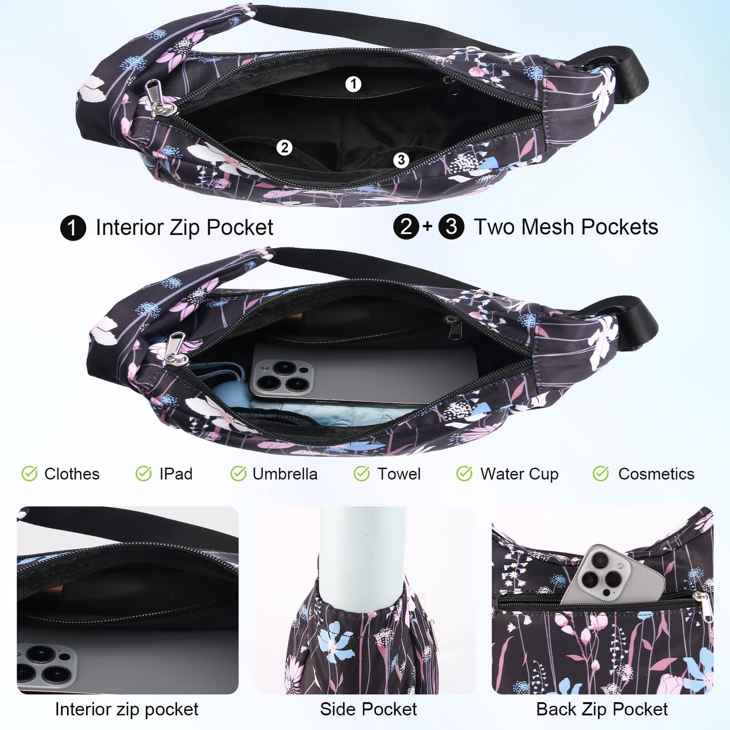 URSOFINE Women Crescent Crossbody Bag Lightweight Hobo Shoulder Bag, Multi Pocket Adjustable Strap Sling Bag, Bohemian Casual Handbag Purse for Daily Shopping Travel Gift,Purple