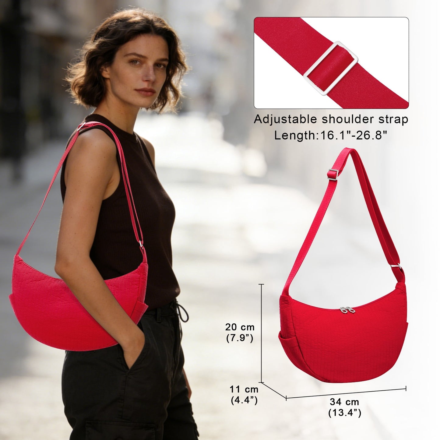 URSOFINE Quilted Puffer Hobo Bag for Women Men - Adjustable Strap Crescent Crossbody Shoulder Bag, Lightweight 2-Zipper Dumpling Casual Handbag with Multiple Pockets (Red)