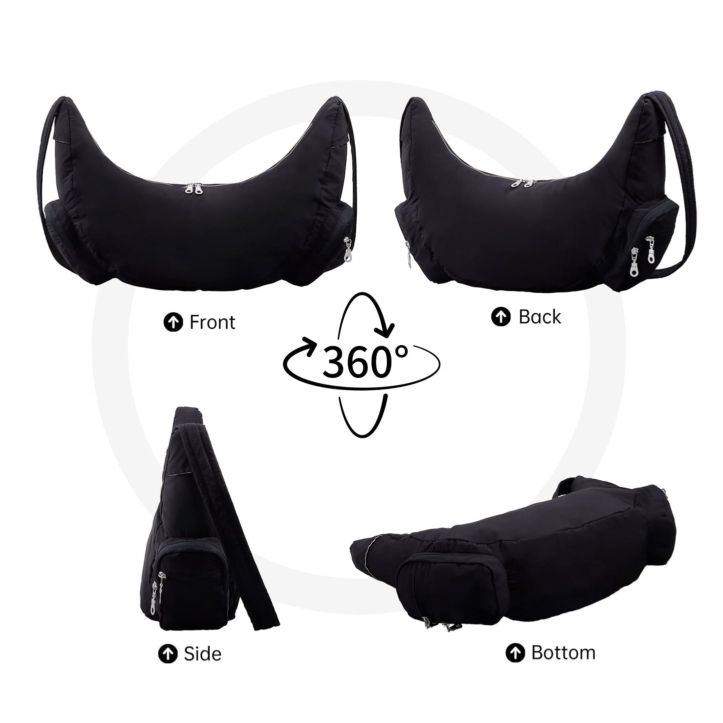 URSOFINE Crescent Crossbody Bag for Women, Lightweight Water-Resistant Nylon Hobo Bag with Multiple Pockets, Adjustable Strap Crescent Moon Bag for Travel, Shopping, Gym (Black)