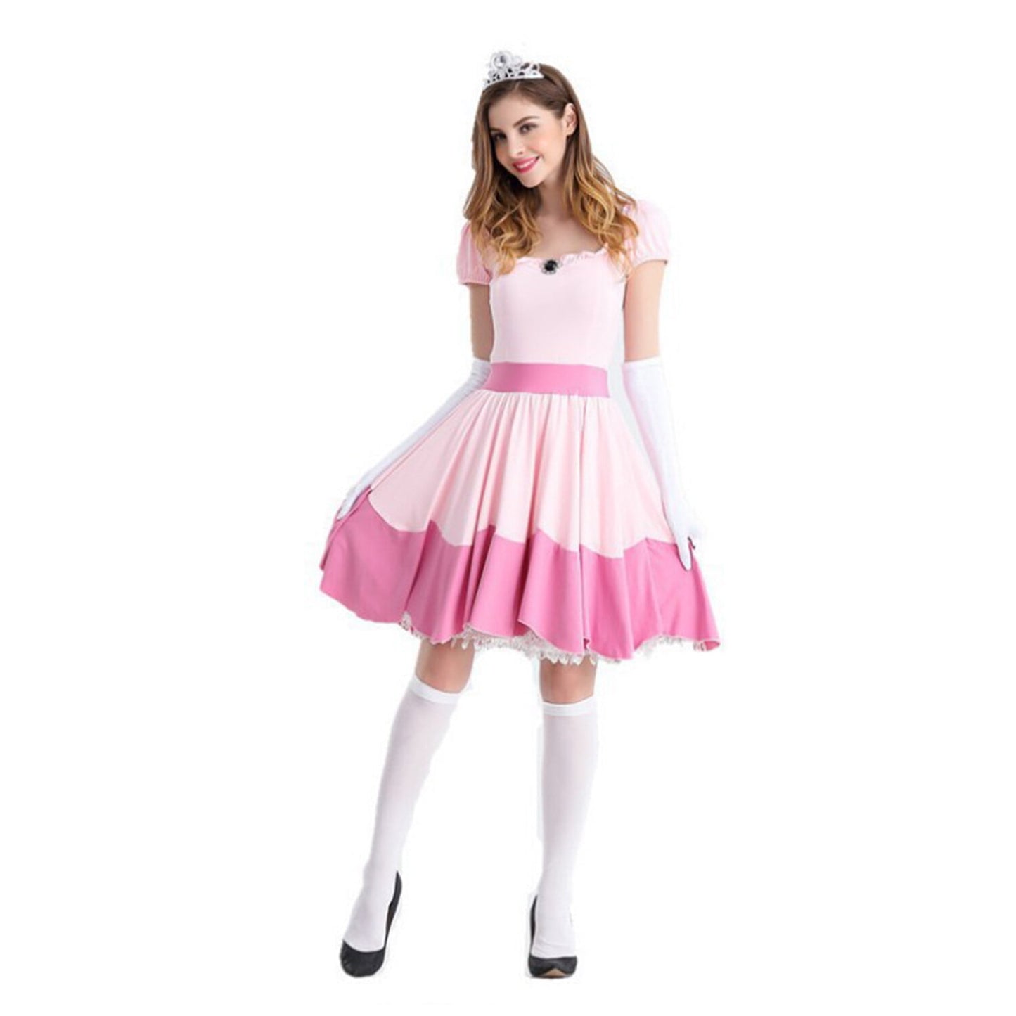 HAWEE Women Princess Pink Costume Adult Fairy Outfit Halloween Carnival Cosplay Party Dress with Crown & Gloves