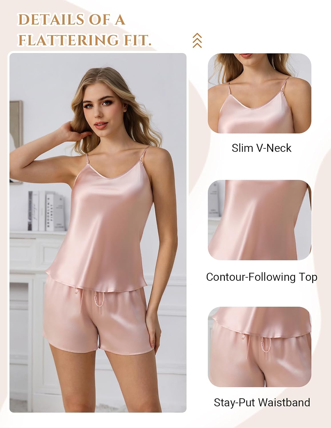 LOEL 100% Mulberry Silk Pajama Set for Women, V-Neck Cami Shorts 2 Piece