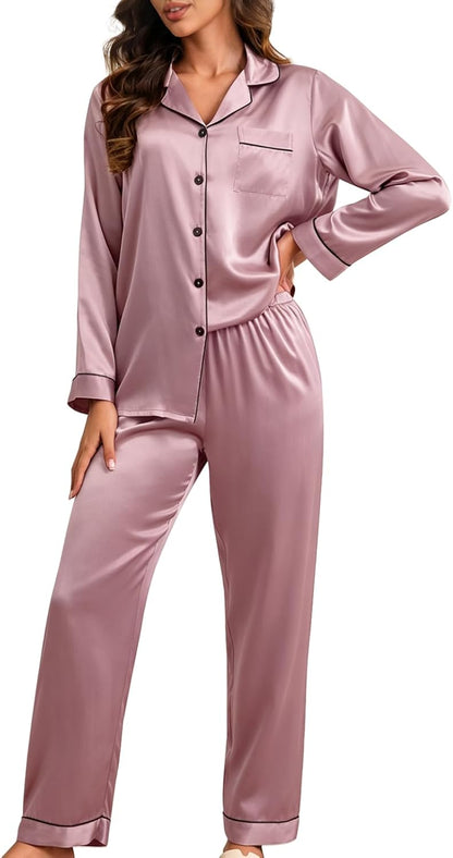 LOEL 100% Mulberry Silk Pajamas Set for Women 2 Piece Silk long Sleeve Sleepwear Pj Set Button Down Loungewear