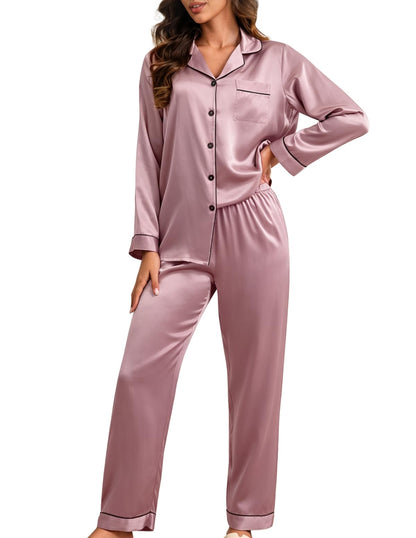 LOEL 100% Mulberry Silk Pajamas Set for Women 2 Piece Silk long Sleeve Sleepwear Pj Set Button Down Loungewear