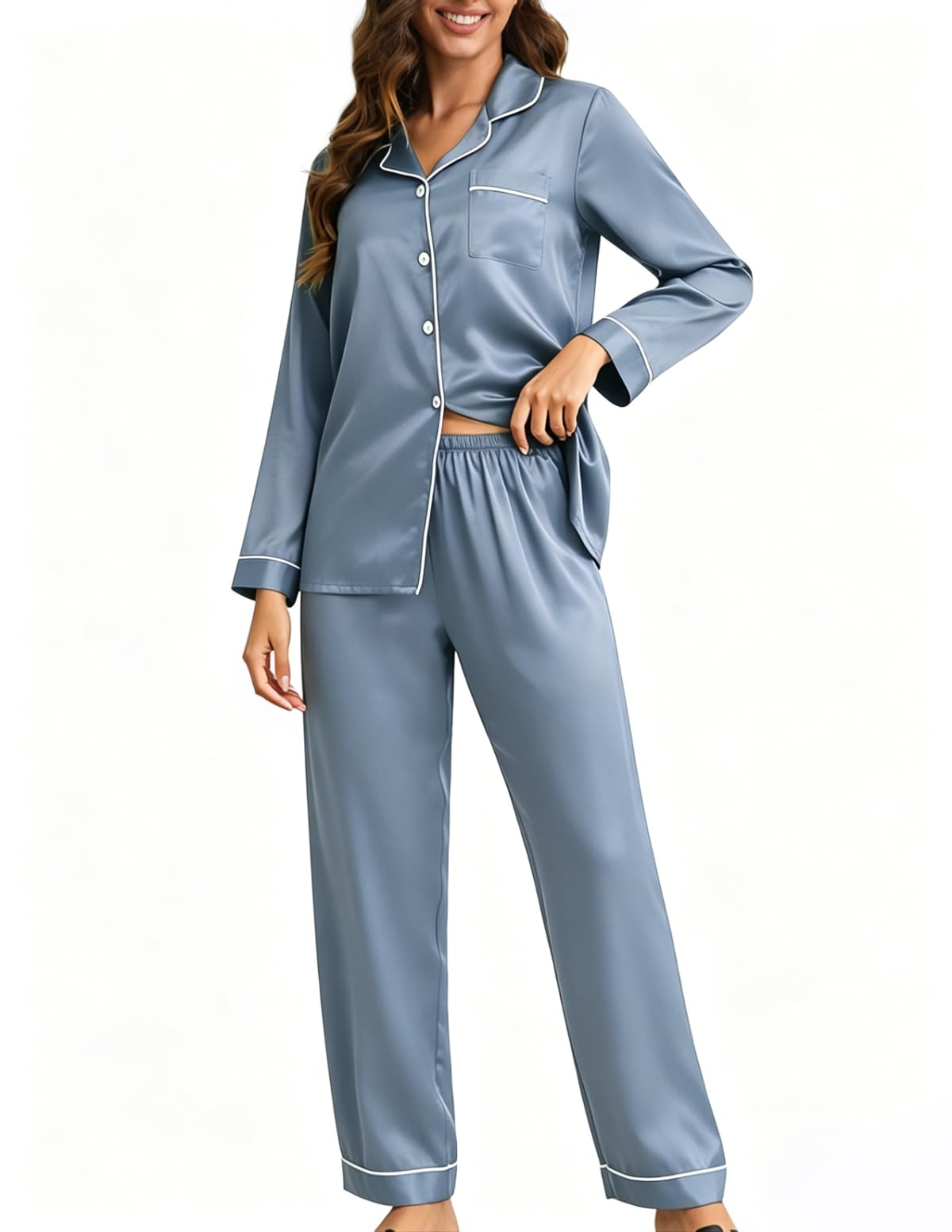 LOEL 100% Mulberry Silk Pajamas Set for Women 2 Piece Silk long Sleeve Sleepwear Pj Set Button Down Loungewear