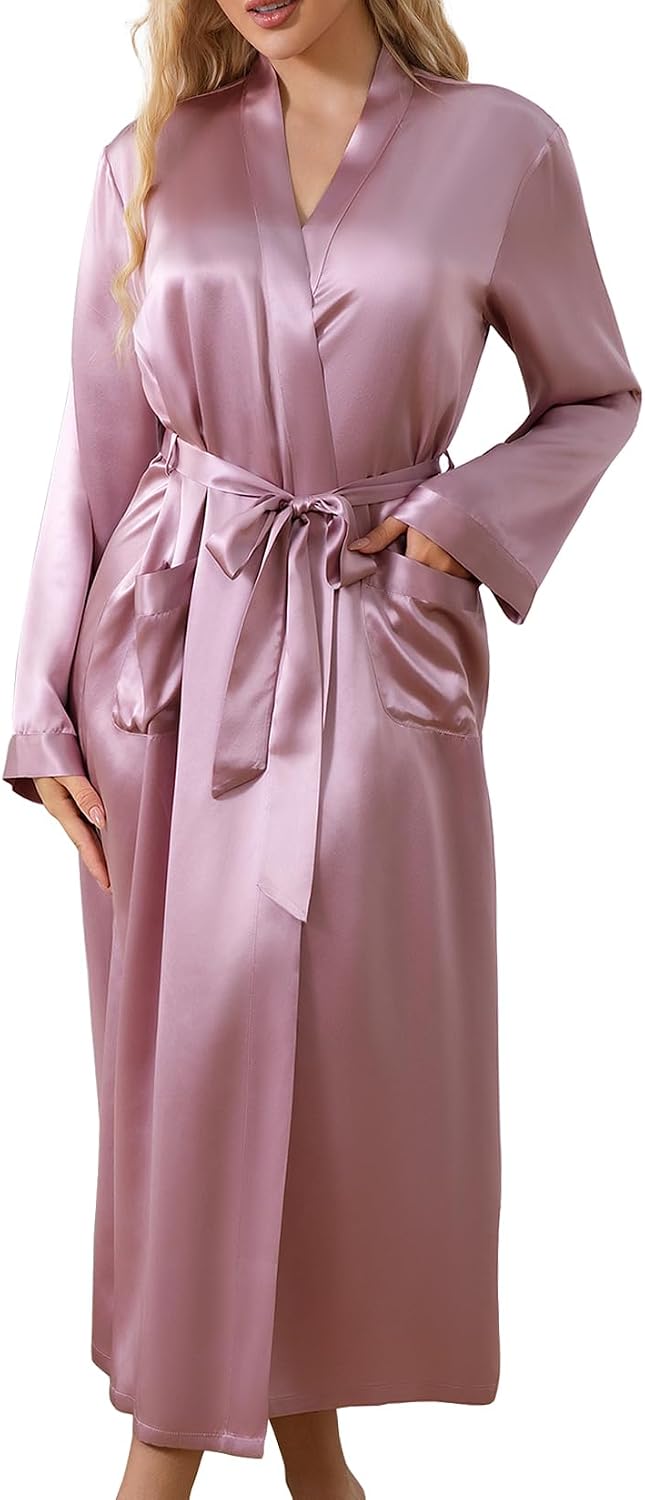 LOEL Silk Robes for Women, Long Kimono Robes Bridesmaid Brides Wedding Party, Pure Silk Bath Robe