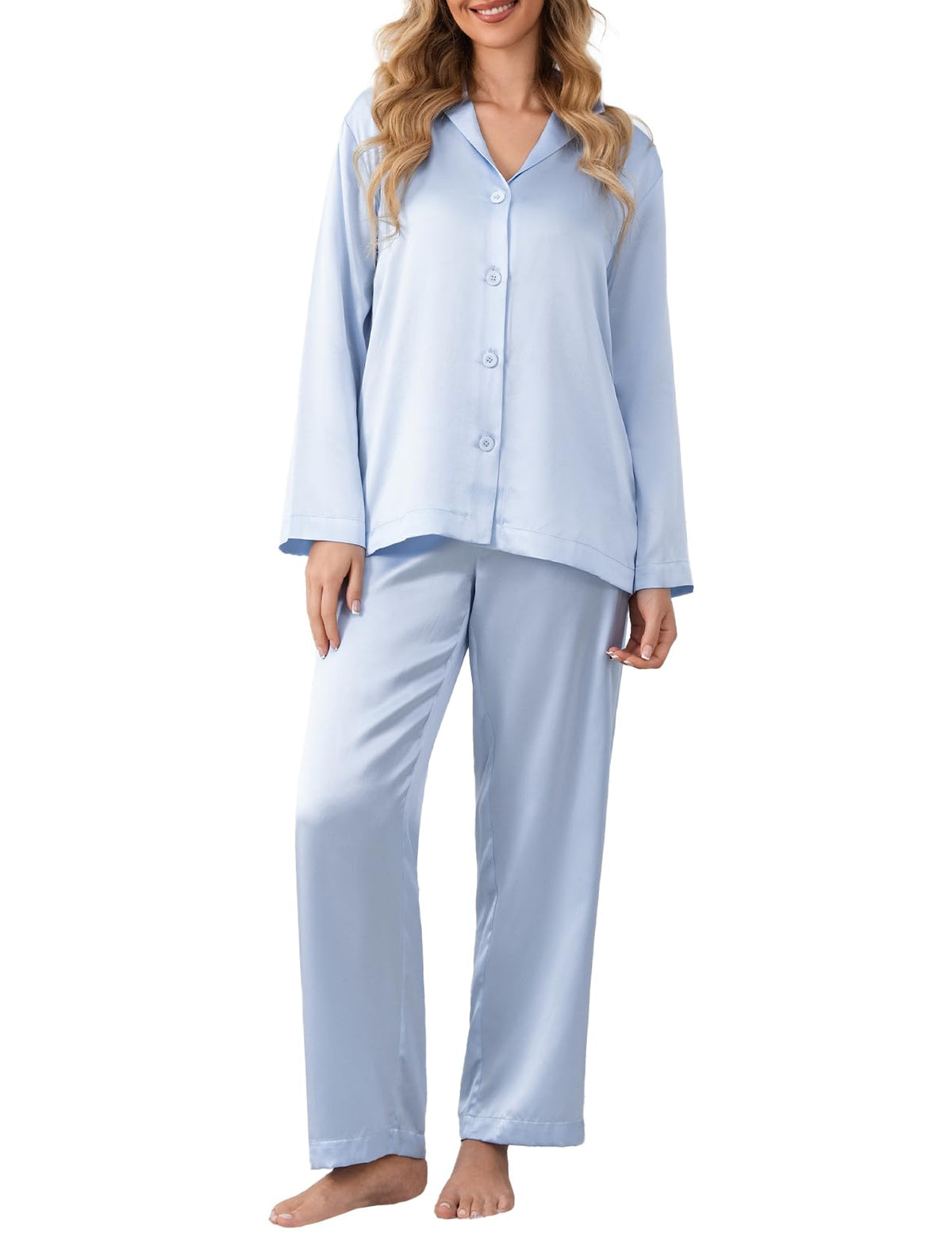 LOEL 100% 22 Momme Mulberry Silk Pajama Set Long Sleeve Top & Long Pants