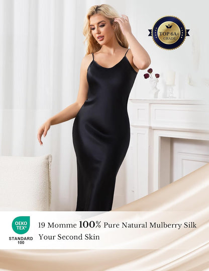LOEL Silk Long Nightgowns for Women, Pure Mulberry Silk Charmeuse Nightdress, Lingerie Adjustable Strap