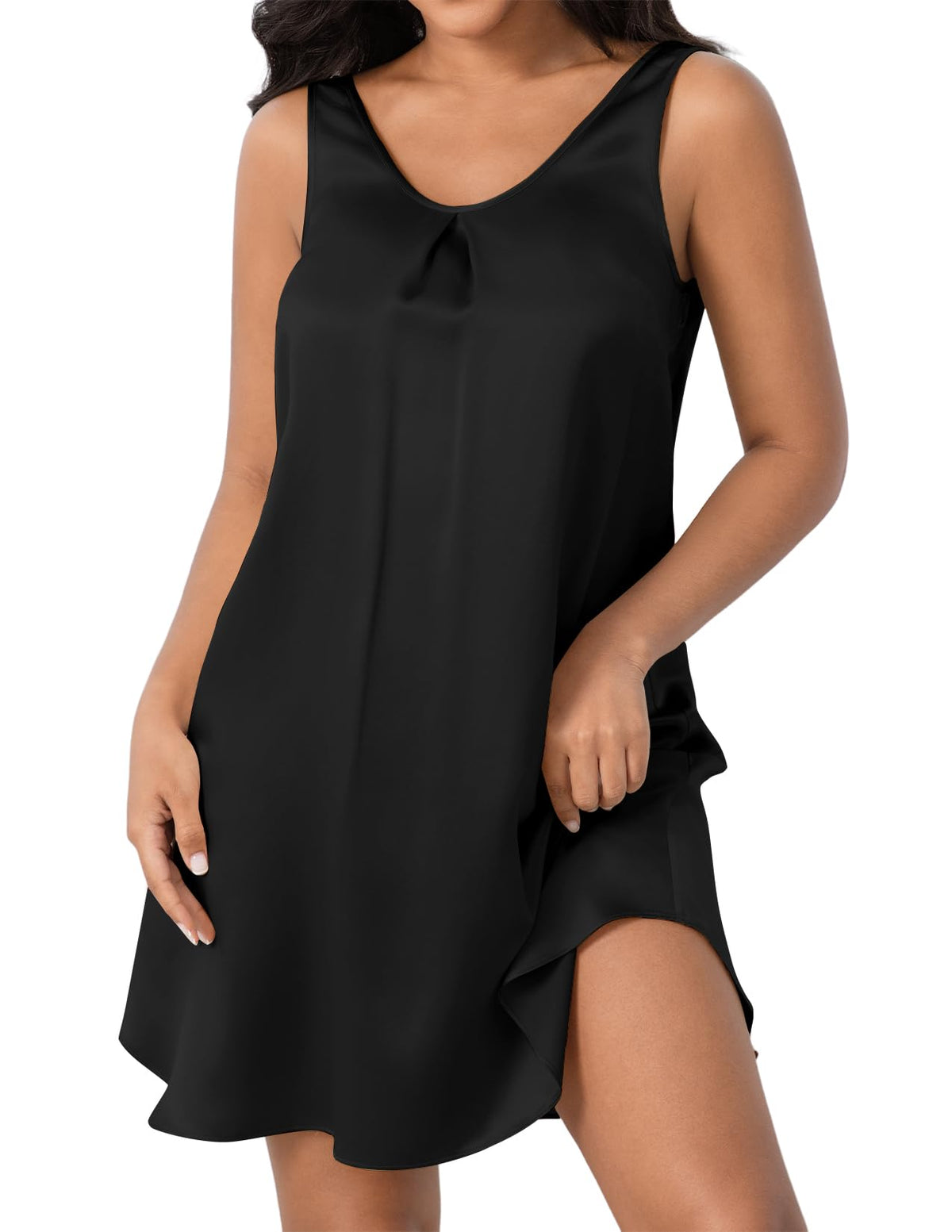 LOEL 100% 22 Momme Silk Women's Sleeveless V Neck Nightgown Ruched Front