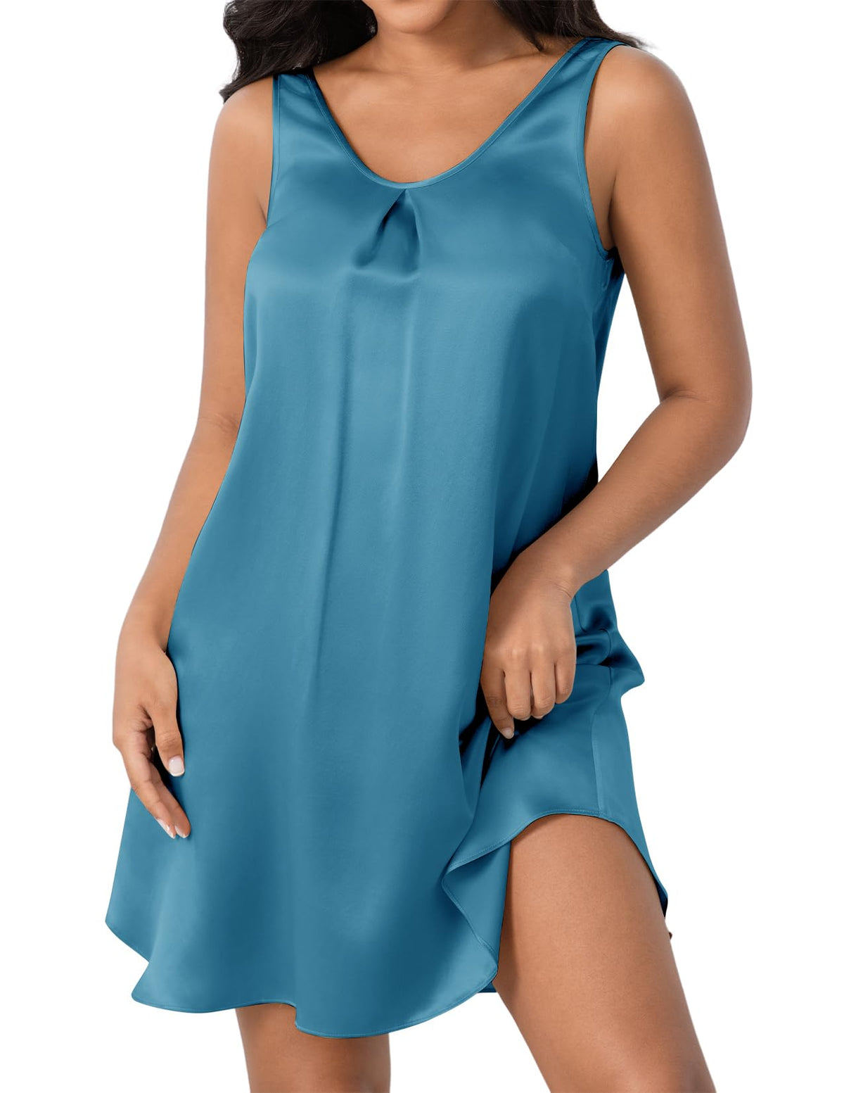 LOEL 100% 22 Momme Silk Women's Sleeveless V Neck Nightgown Ruched Front