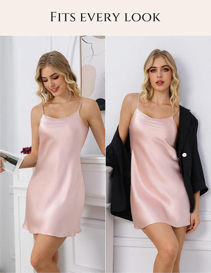 LOEL Women's Silk Nightgown, 100% Real 19 Momme Mulberry Silk Sleepwear Round Neck Spaghetti Strap Chemise Nightdress