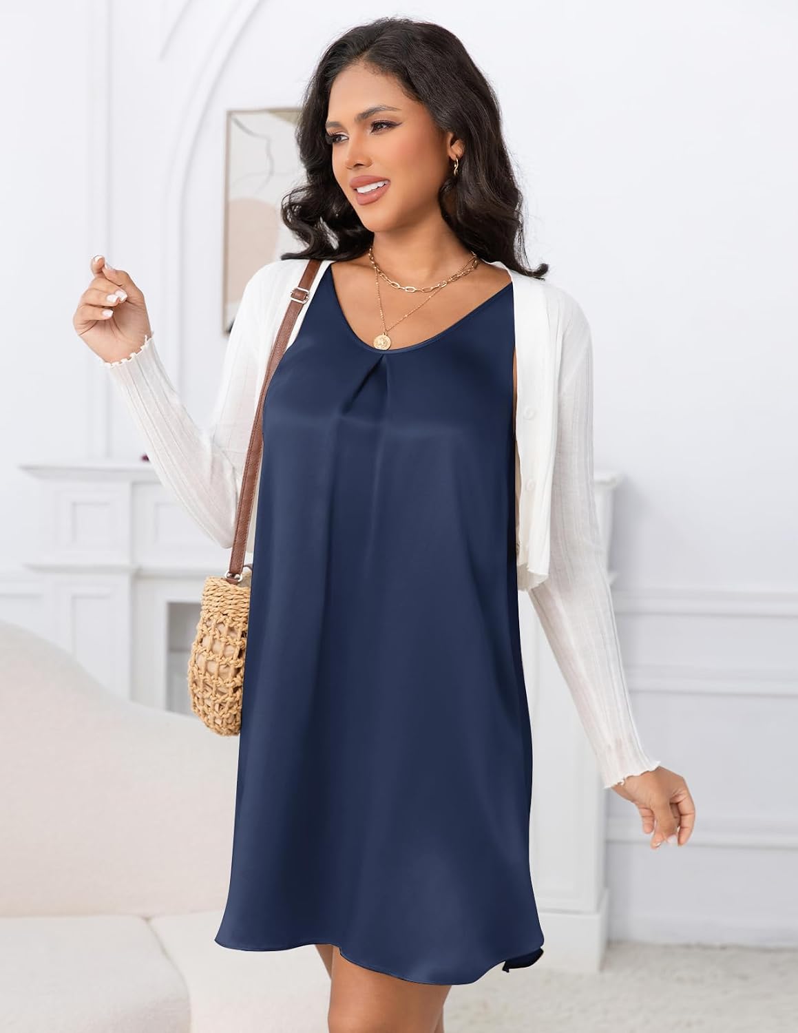 LOEL 100% 22 Momme Silk Women's Sleeveless V Neck Nightgown Ruched Front