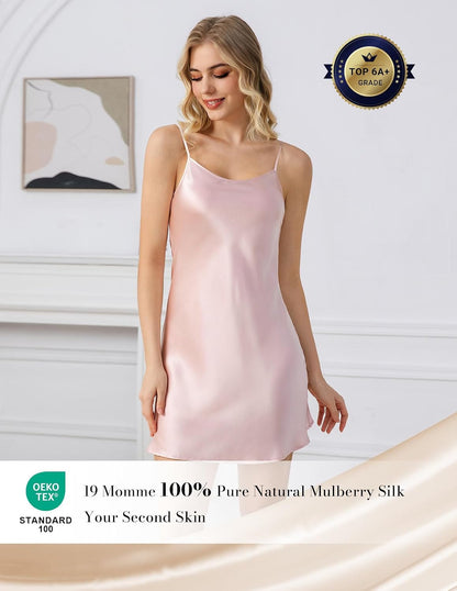 LOEL Women's Silk Nightgown, 100% Real 19 Momme Mulberry Silk Sleepwear Round Neck Spaghetti Strap Chemise Nightdress