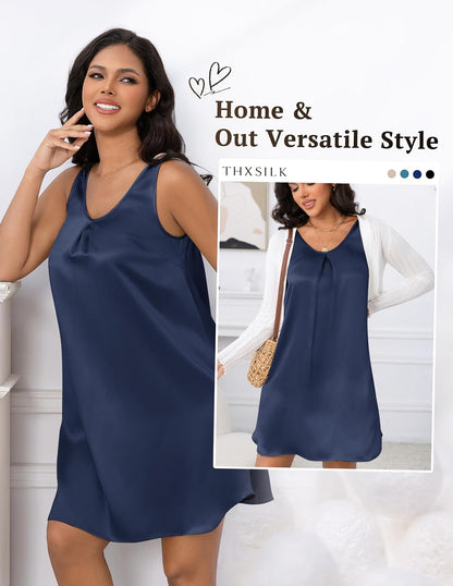 LOEL 100% 22 Momme Silk Women's Sleeveless V Neck Nightgown Ruched Front