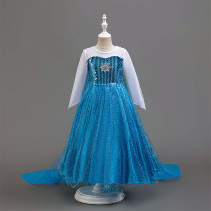 LOEL Girls Blue Princess Dress Fairy Queen Sequin Long-Sleeve Blue Dress Christmas Birthday Party Dress Up