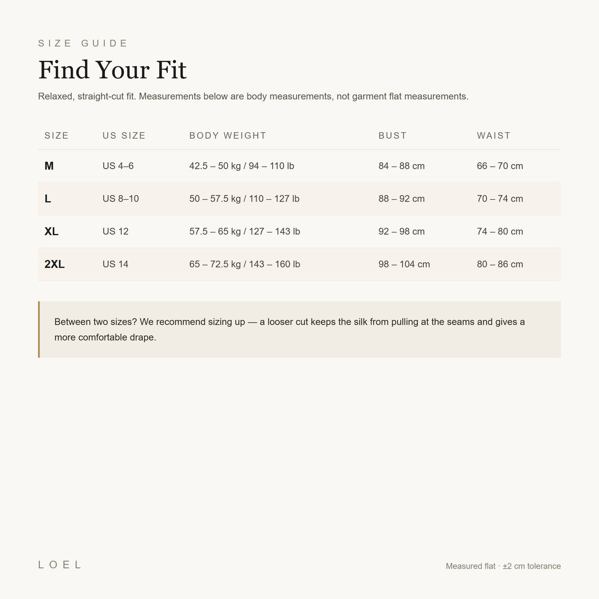 US size guide for the LOEL womens mulberry silk pajama set, sizes M to 2XL in cm and body weight