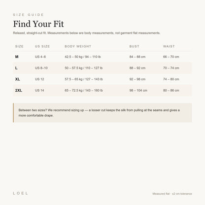 US size guide for the LOEL womens mulberry silk pajama set, sizes M to 2XL in cm and body weight