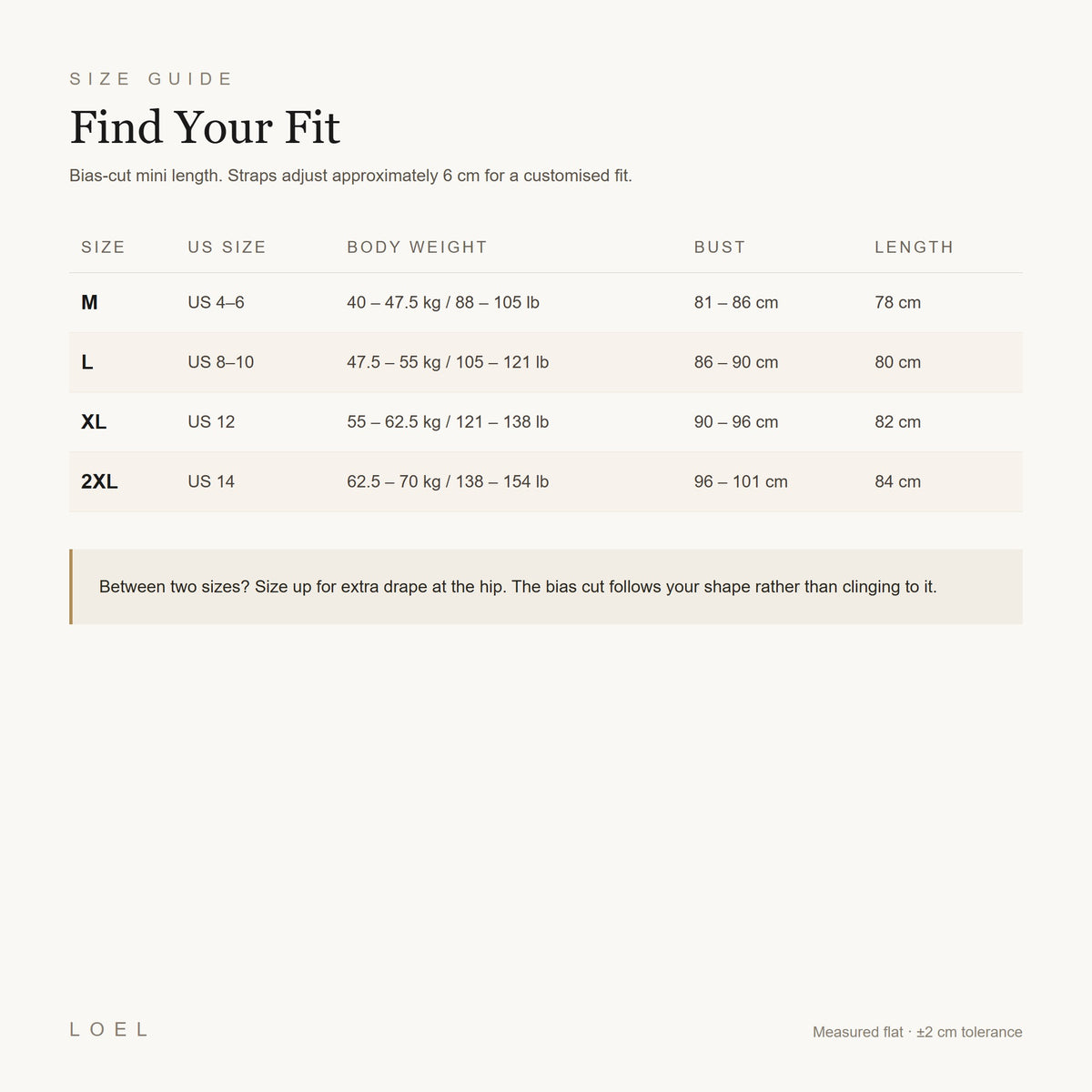 US size guide for the LOEL womens mulberry silk slip nightgown, sizes M to 2XL in cm and body weight