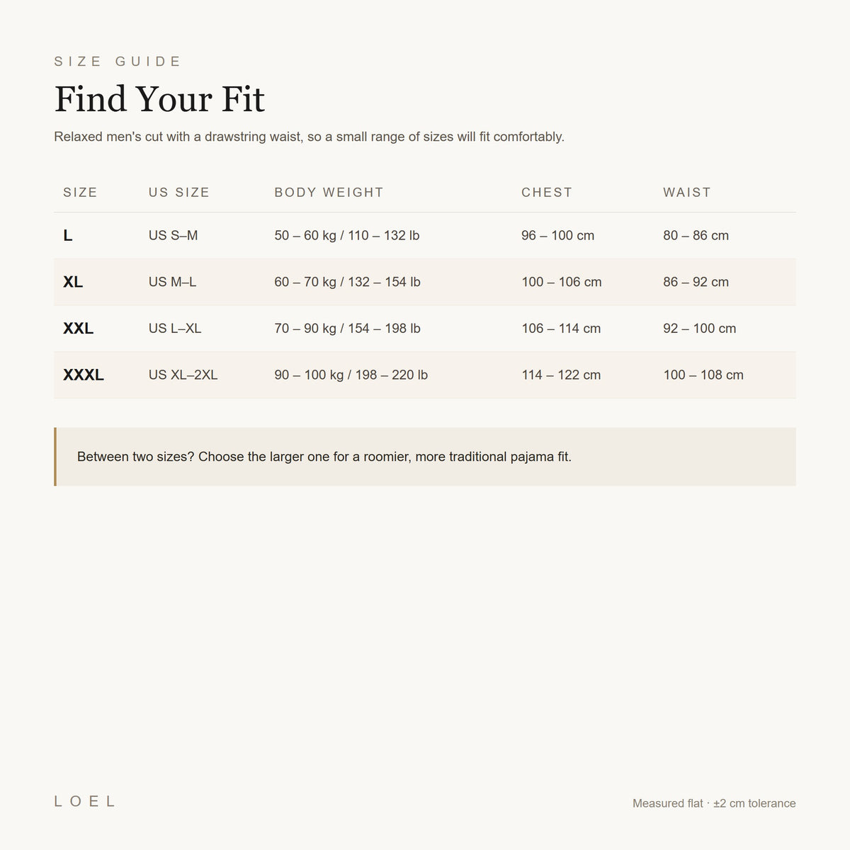 US size guide for the LOEL mens mulberry silk pajama set, sizes L to XXXL in cm and body weight