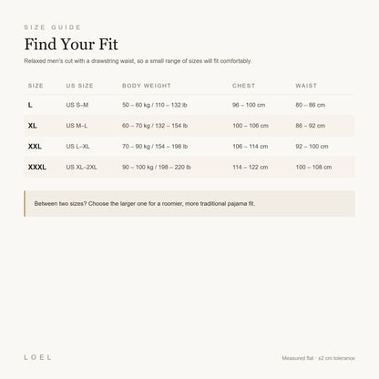 US size guide for the LOEL mens mulberry silk pajama set, sizes L to XXXL in cm and body weight
