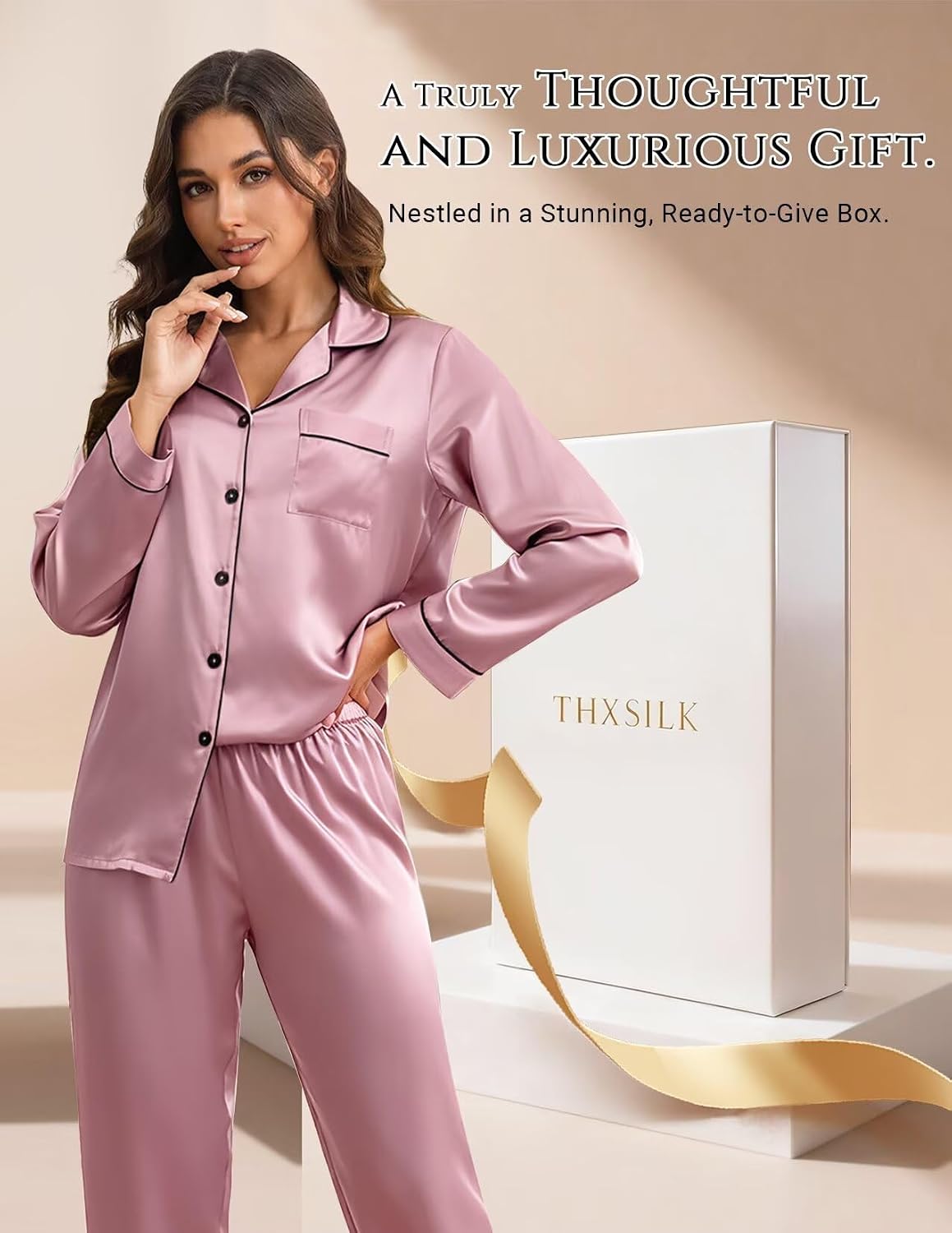 LOEL 100% Mulberry Silk Pajamas Set for Women 2 Piece Silk long Sleeve Sleepwear Pj Set Button Down Loungewear