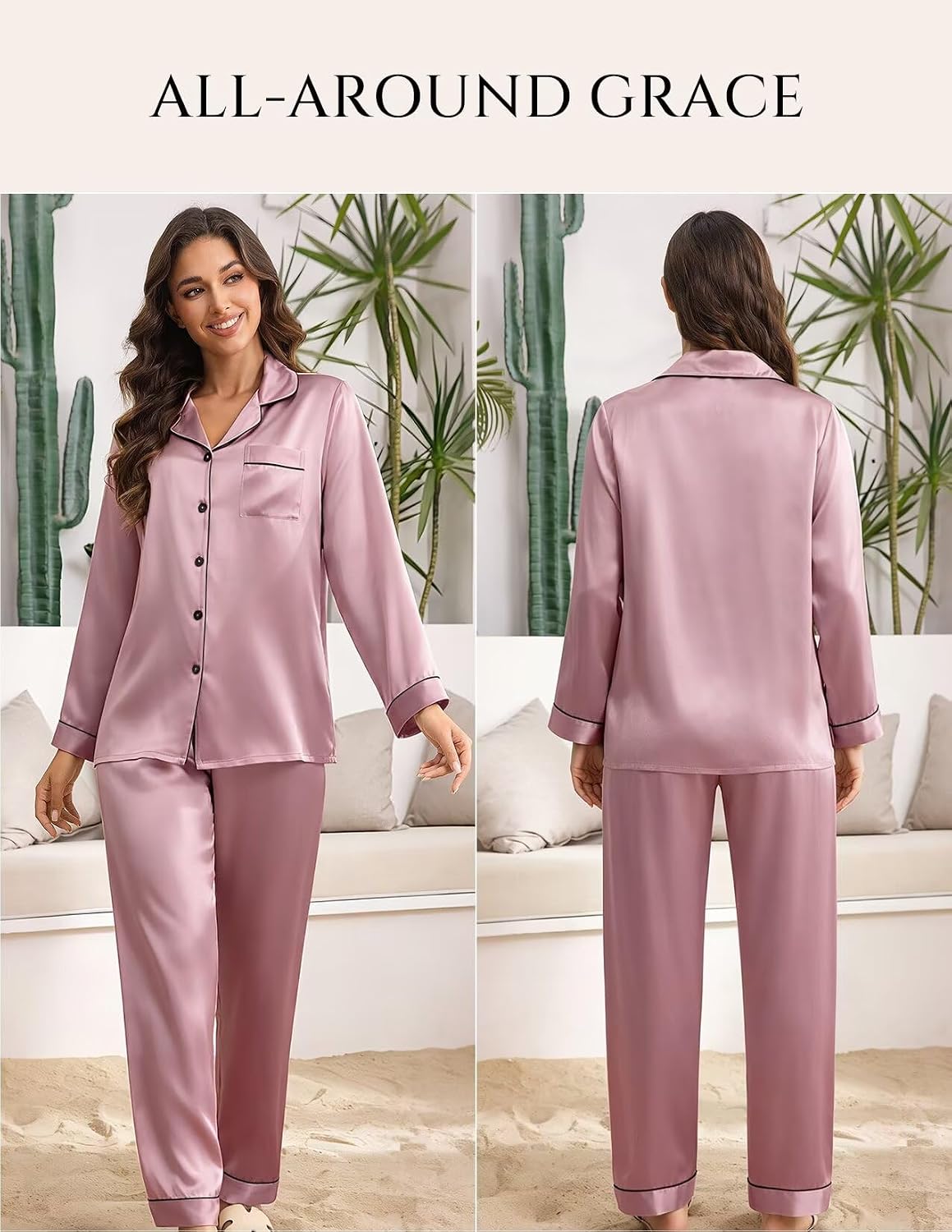 LOEL 100% Mulberry Silk Pajamas Set for Women 2 Piece Silk long Sleeve Sleepwear Pj Set Button Down Loungewear