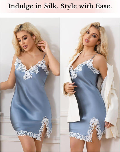 LOEL 100% Mulberry Silk Nightgown for Women, Lace Slip Dress Sleepwear