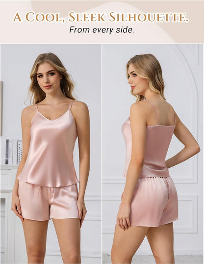 LOEL 100% Mulberry Silk Pajama Set for Women, V-Neck Cami Shorts 2 Piece