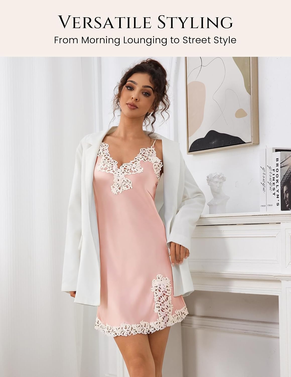 LOEL Women's Mulberry Silk Lace Nightgown Short V-Neck Spaghetti Strap