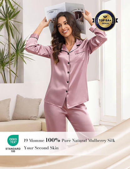 LOEL 100% Mulberry Silk Pajamas Set for Women 2 Piece Silk long Sleeve Sleepwear Pj Set Button Down Loungewear