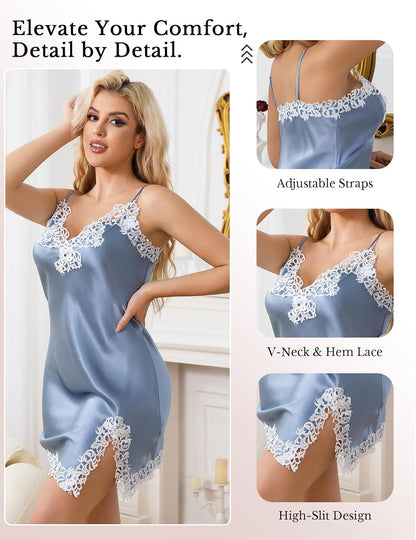 LOEL 100% Mulberry Silk Nightgown for Women, Lace Slip Dress Sleepwear
