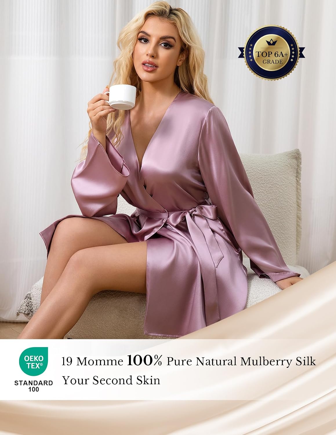 LOEL Silk Women’s Robes, Short Kimono Robes for Brides Bridesmaid Wedding Party, Pure Silk Bath Robe