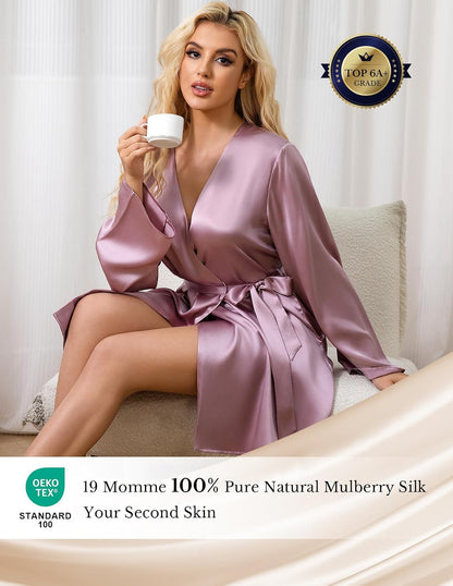 LOEL Silk Women’s Robes, Short Kimono Robes for Brides Bridesmaid Wedding Party, Pure Silk Bath Robe