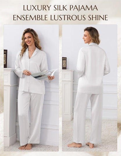 LOEL 100% 22 Momme Mulberry Silk Pajama Set Long Sleeve Top & Long Pants