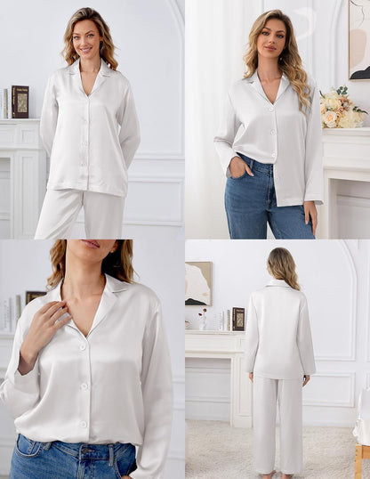 LOEL 100% 22 Momme Mulberry Silk Pajama Set Long Sleeve Top & Long Pants