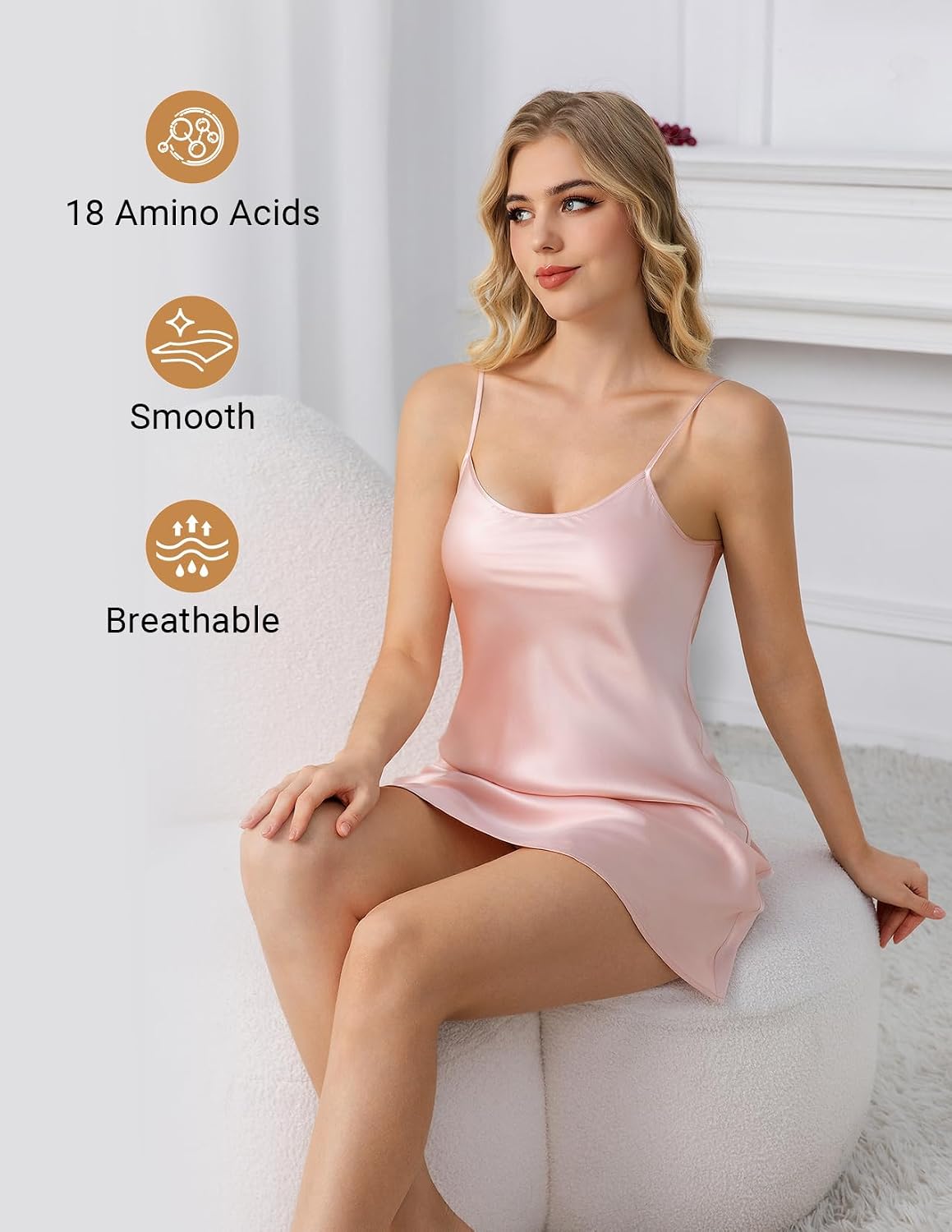 LOEL Women's Silk Nightgown, 100% Real 19 Momme Mulberry Silk Sleepwear Round Neck Spaghetti Strap Chemise Nightdress