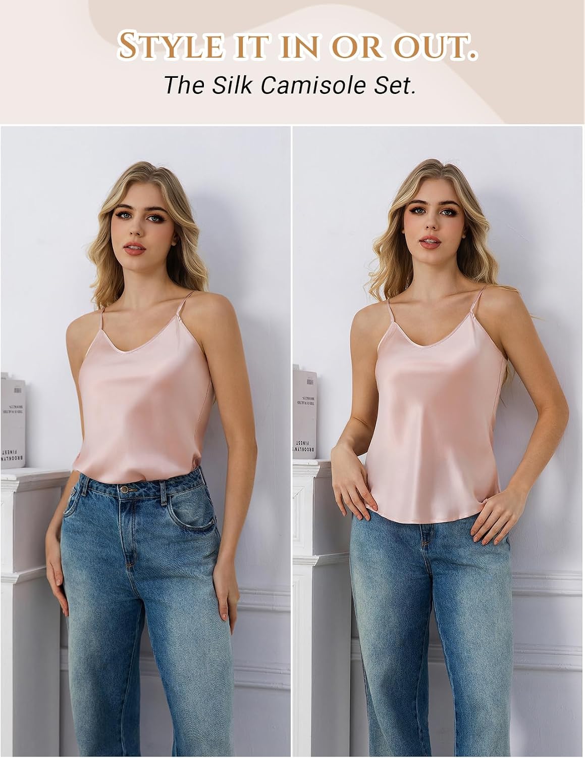 LOEL 100% Mulberry Silk Pajama Set for Women, V-Neck Cami Shorts 2 Piece