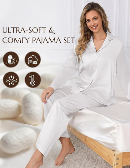 LOEL 100% 22 Momme Mulberry Silk Pajama Set Long Sleeve Top & Long Pants