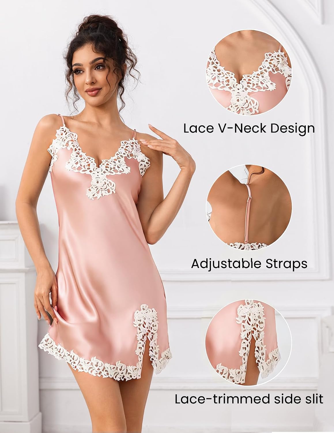 LOEL Women's Mulberry Silk Lace Nightgown Short V-Neck Spaghetti Strap