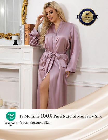 LOEL Silk Robes for Women, Long Kimono Robes Bridesmaid Brides Wedding Party, Pure Silk Bath Robe