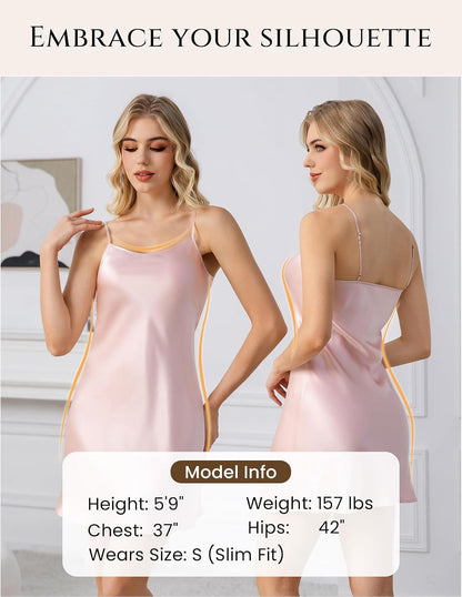 LOEL Women's Silk Nightgown, 100% Real 19 Momme Mulberry Silk Sleepwear Round Neck Spaghetti Strap Chemise Nightdress
