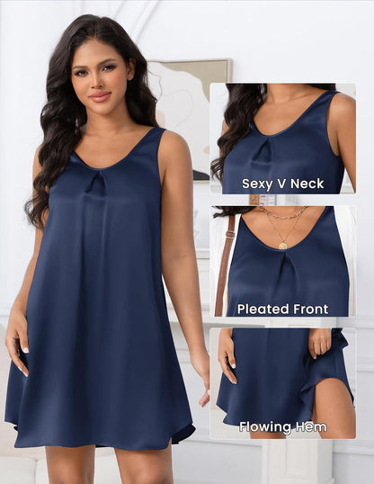 LOEL 100% 22 Momme Silk Women's Sleeveless V Neck Nightgown Ruched Front