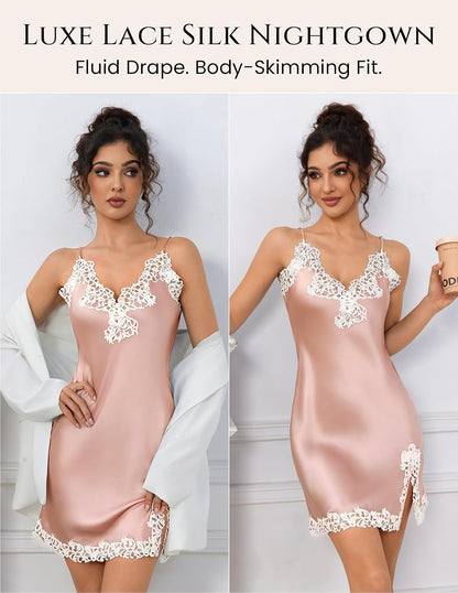 LOEL Women's Mulberry Silk Lace Nightgown Short V-Neck Spaghetti Strap