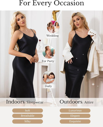 LOEL Silk Long Nightgowns for Women, Pure Mulberry Silk Charmeuse Nightdress, Lingerie Adjustable Strap