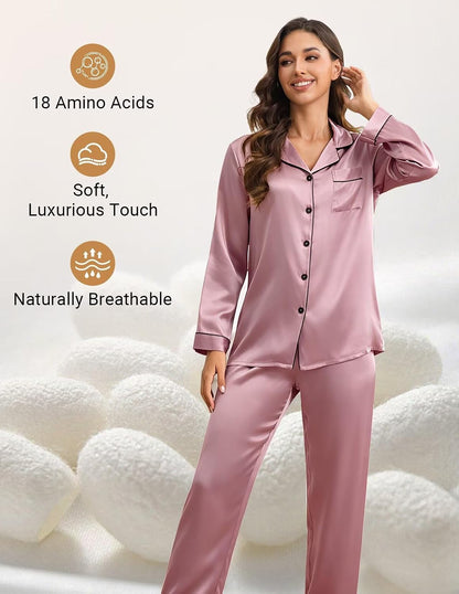 LOEL 100% Mulberry Silk Pajamas Set for Women 2 Piece Silk long Sleeve Sleepwear Pj Set Button Down Loungewear
