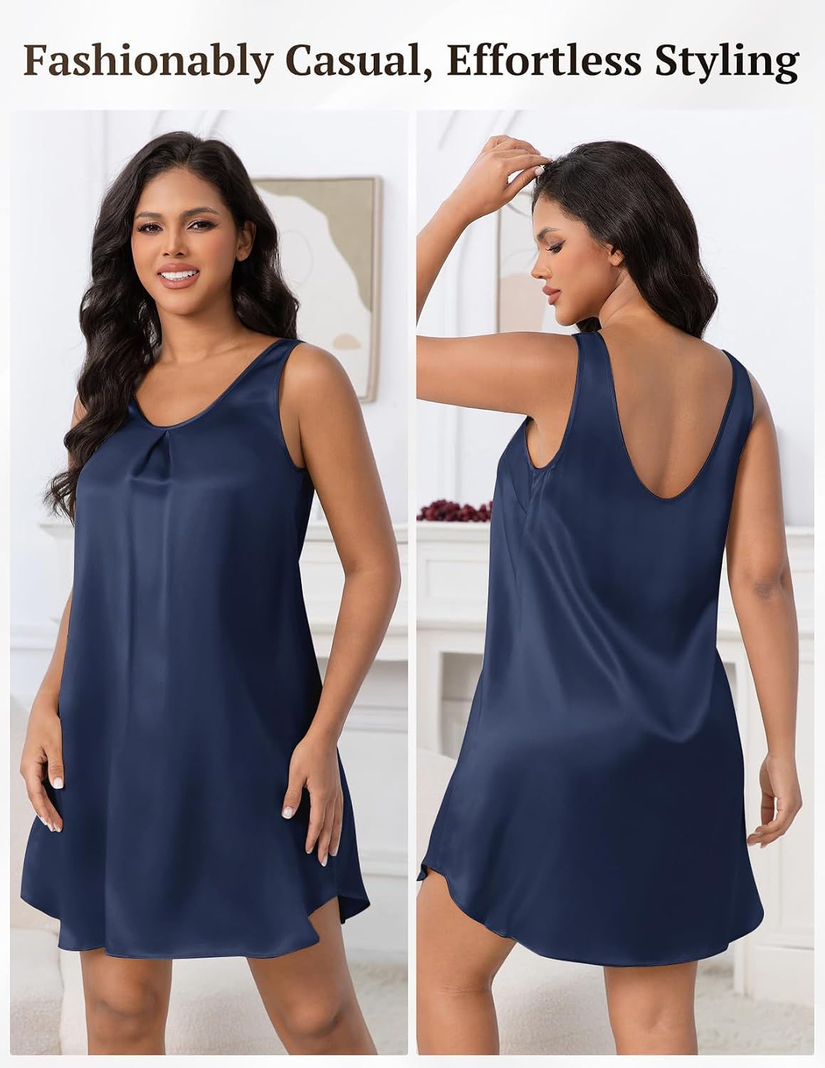 LOEL 100% 22 Momme Silk Women's Sleeveless V Neck Nightgown Ruched Front