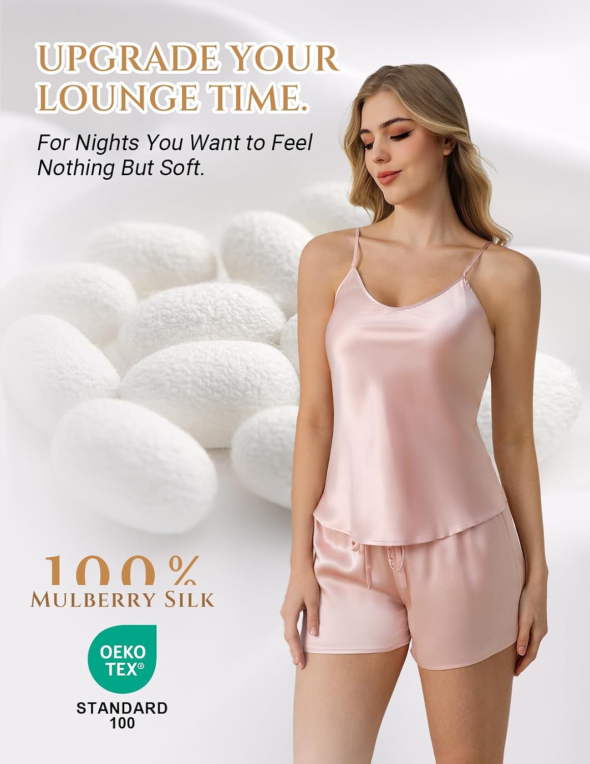 LOEL 100% Mulberry Silk Pajama Set for Women, V-Neck Cami Shorts 2 Piece