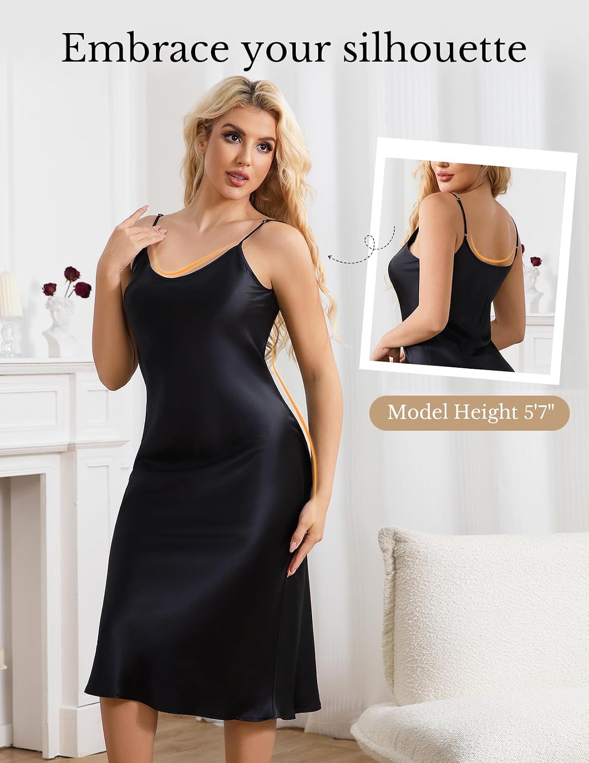 LOEL Silk Long Nightgowns for Women, Pure Mulberry Silk Charmeuse Nightdress, Lingerie Adjustable Strap