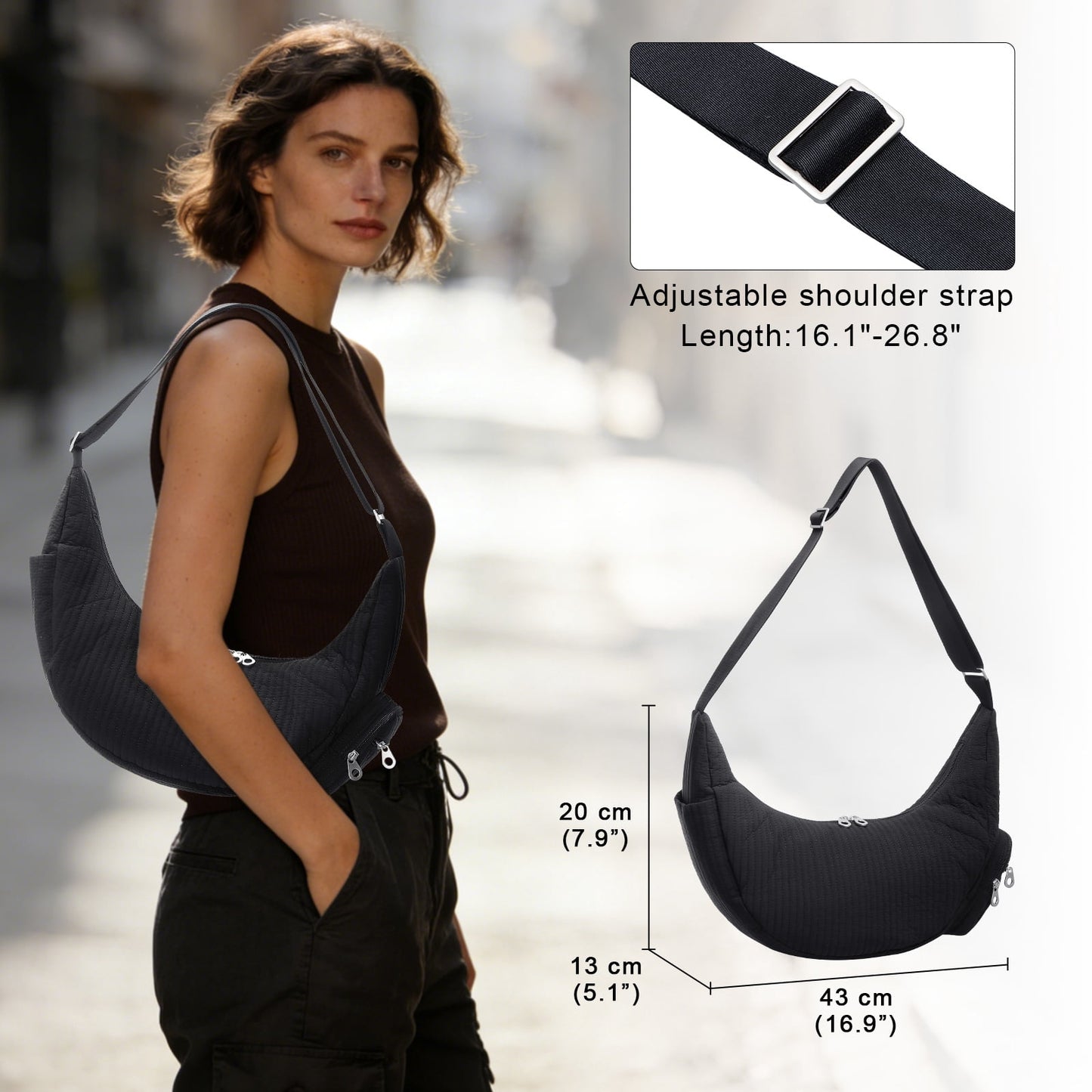 URSOFINE Oversized Quilted Puffer Hobo Bag for Women Men - Adjustable Strap Crescent Crossbody Shoulder Bag, Large 2-Zipper Dumpling Casual Handbag with Side Pocket (Black)
