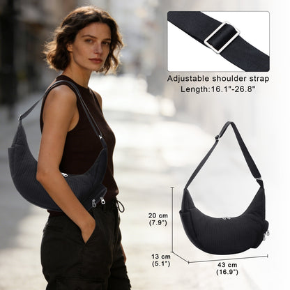 URSOFINE Oversized Quilted Puffer Hobo Bag for Women Men - Adjustable Strap Crescent Crossbody Shoulder Bag, Large 2-Zipper Dumpling Casual Handbag with Side Pocket (Black)