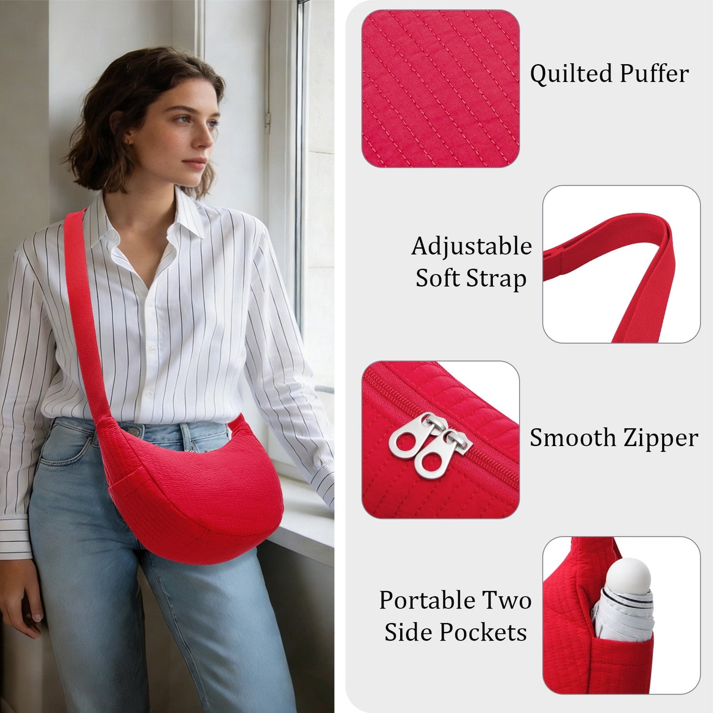 URSOFINE Quilted Puffer Hobo Bag for Women Men - Adjustable Strap Crescent Crossbody Shoulder Bag, Lightweight 2-Zipper Dumpling Casual Handbag with Multiple Pockets (Red)
